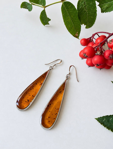 Vintage Mexican sterling silver amber teardrop dangle earrings with honey-brown stones