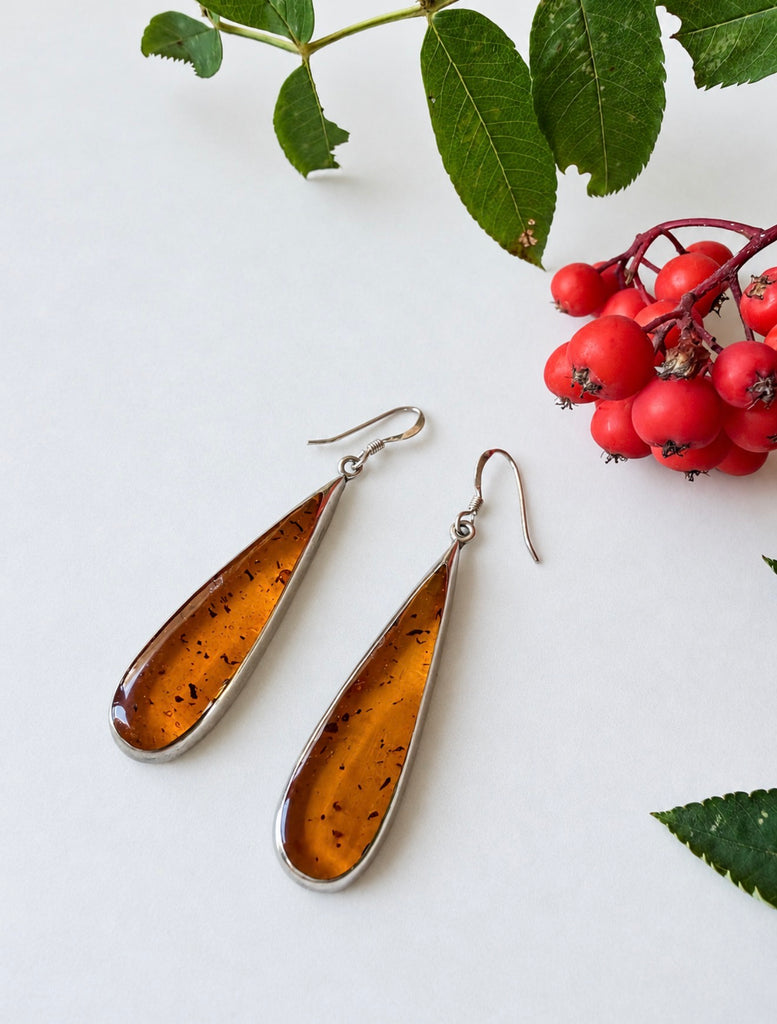 Vintage Mexican sterling silver amber teardrop dangle earrings with honey-brown stones