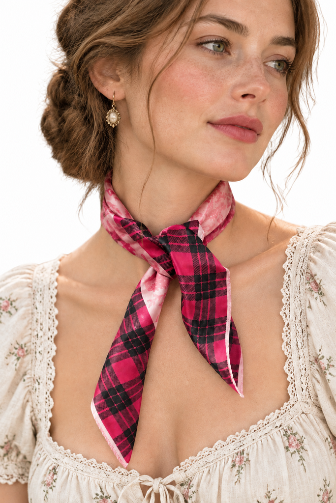 Vintage pink plaid floral scarf styled around the neck
