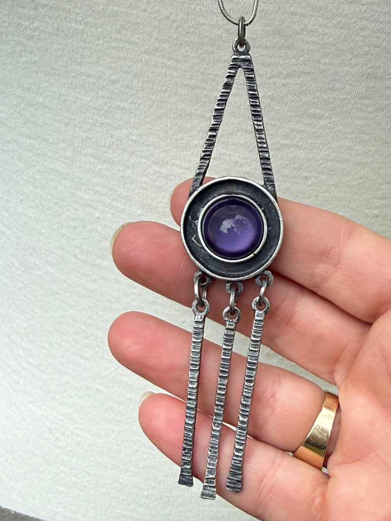 Vintage Lysgaard Design Denmark pewter pendant necklace with purple cabochon and three articulated drops