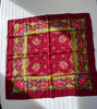 Vintage burgundy wool square scarf with pink roses blue flowers and ornate floral border
