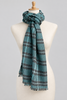 Long blue green plaid Valbisenzio designer scarf styled around mannequin neck