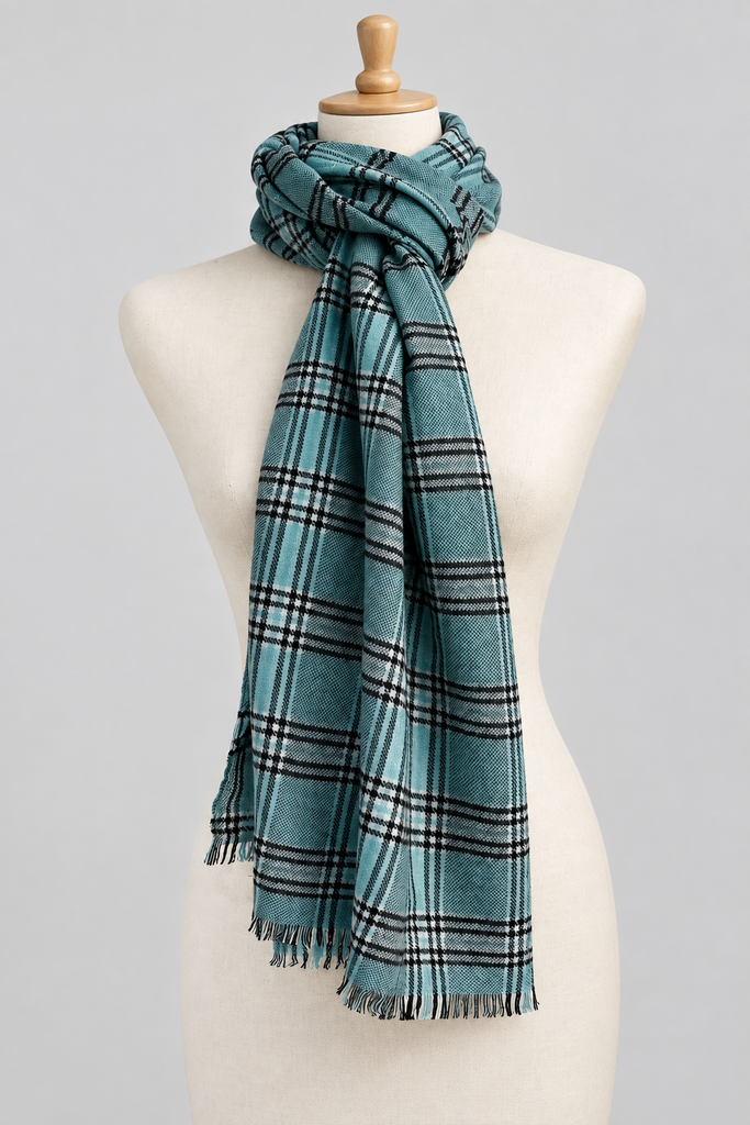 Long blue green plaid Valbisenzio designer scarf styled around mannequin neck