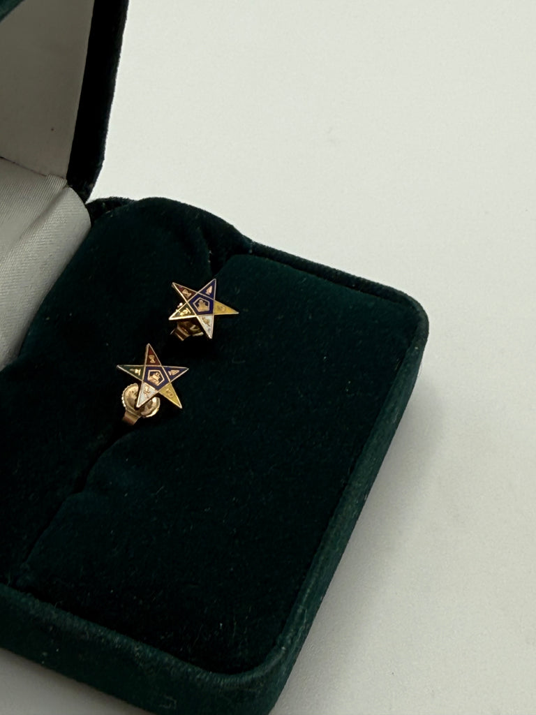 Pair of Order of the Eastern Star earrings with five-colour enamel star design
