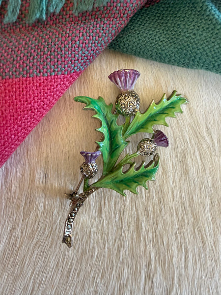 Vintage Scottish thistle brooch with purple enamel flowers, green leaves and silver-tone metal