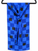 Vintage Echo cobalt blue and black silk scarf with geometric square pattern and fringe. 