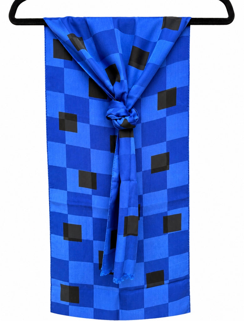 Vintage Echo cobalt blue and black silk scarf with geometric square pattern and fringe. 