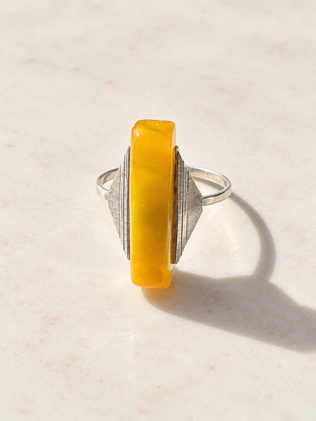Vintage Soviet Baltic amber ring in 875 silver with tall rectangular butterscotch-yellow amber stone