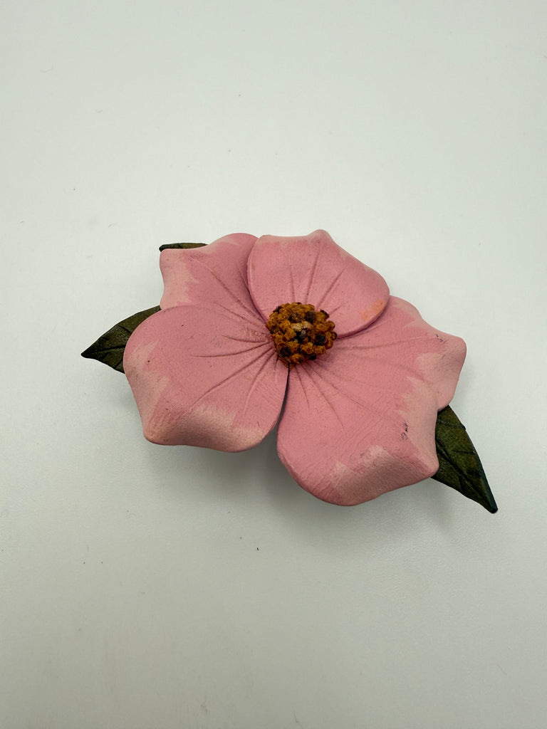 Vintage Alberta Wild Rose leather brooch with hand-shaped pink petals textured centre and green leaves