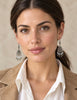 Sterling silver filigree drop earrings with white beads shown worn