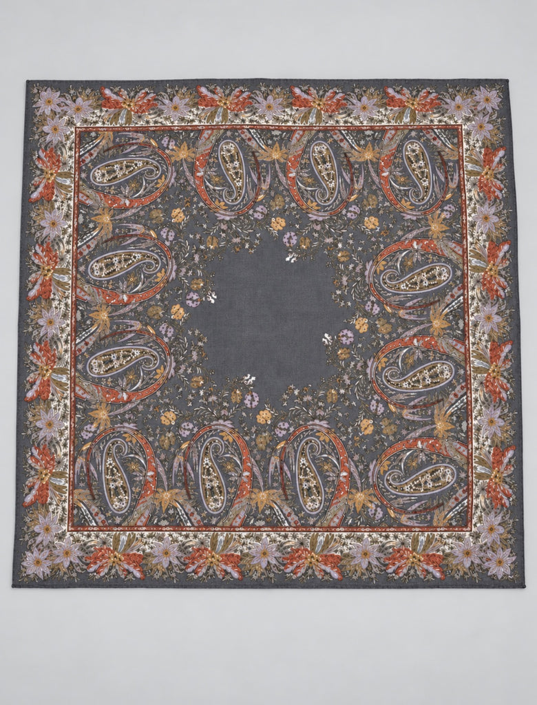 Vintage 1990s Liz Claiborne wool square scarf with plum paisley and floral border