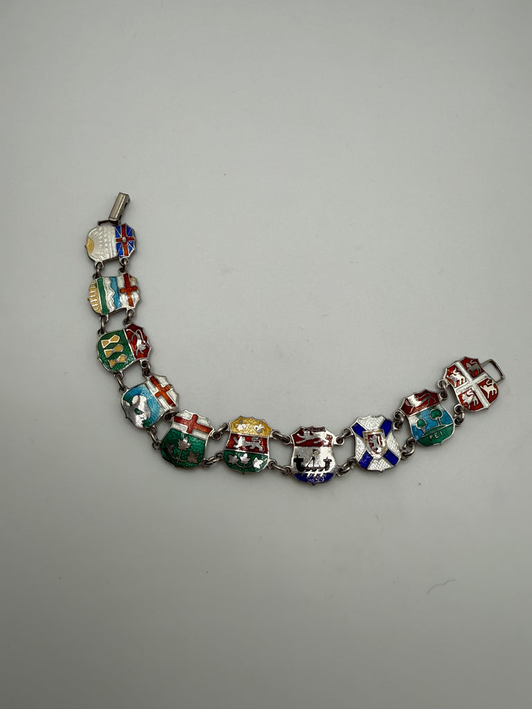 Vintage Canadian sterling silver bracelet with colourful enamel provincial shield links