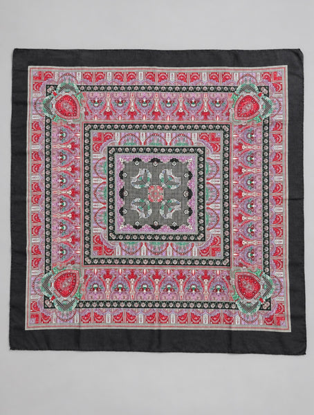 Vintage Italian oversized paisley square scarf in red pink green and black with charcoal border