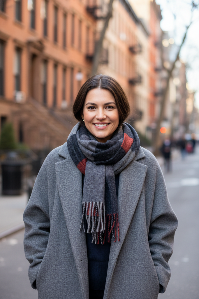 Grey and rust plaid cashmere scarf worn outdoors with winter coat