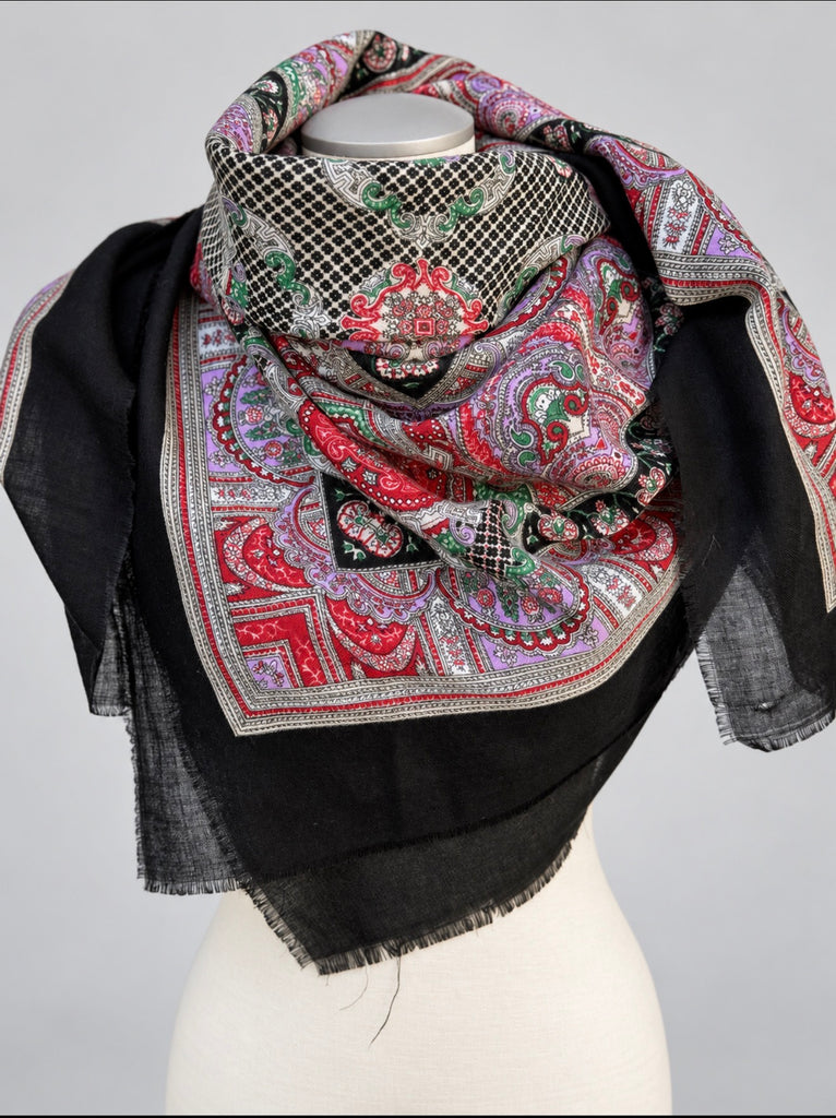 Vintage 47 inch square scarf styled around neck on mannequin
