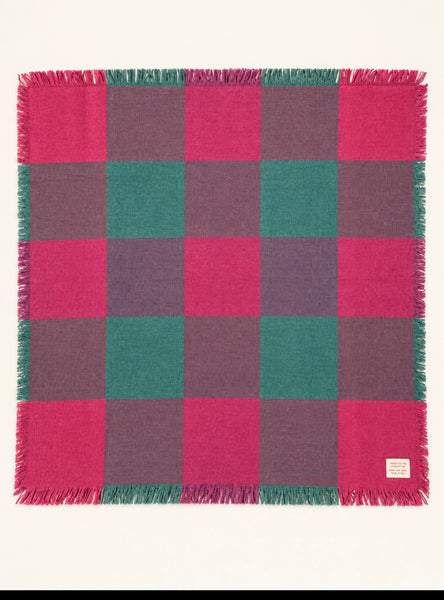Vintage D.W. Sutherland Scottish wool scarf with raspberry pink and teal plaid pattern