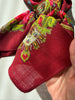 Vintage 100% wool burgundy floral square scarf showing rose border design