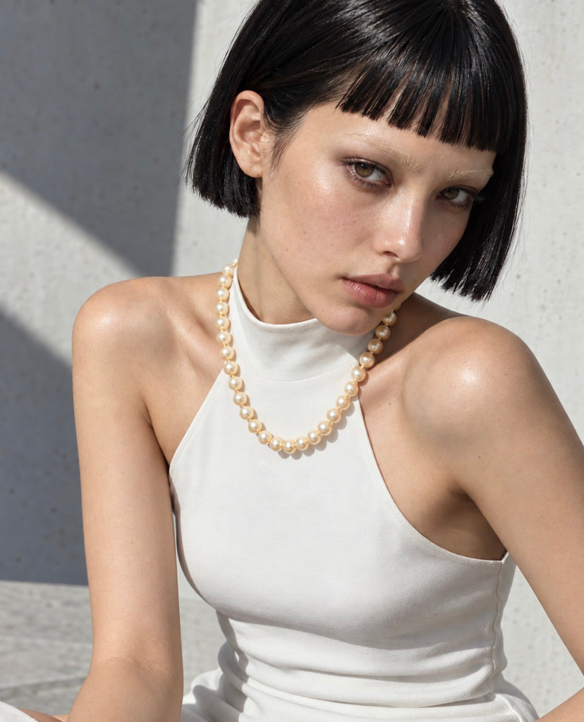 Vintage freshwater pearl necklace styled with a white dress