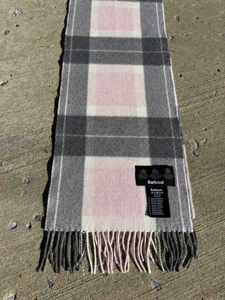 Barbour winter scarf showing fringed ends and traditional checked pattern