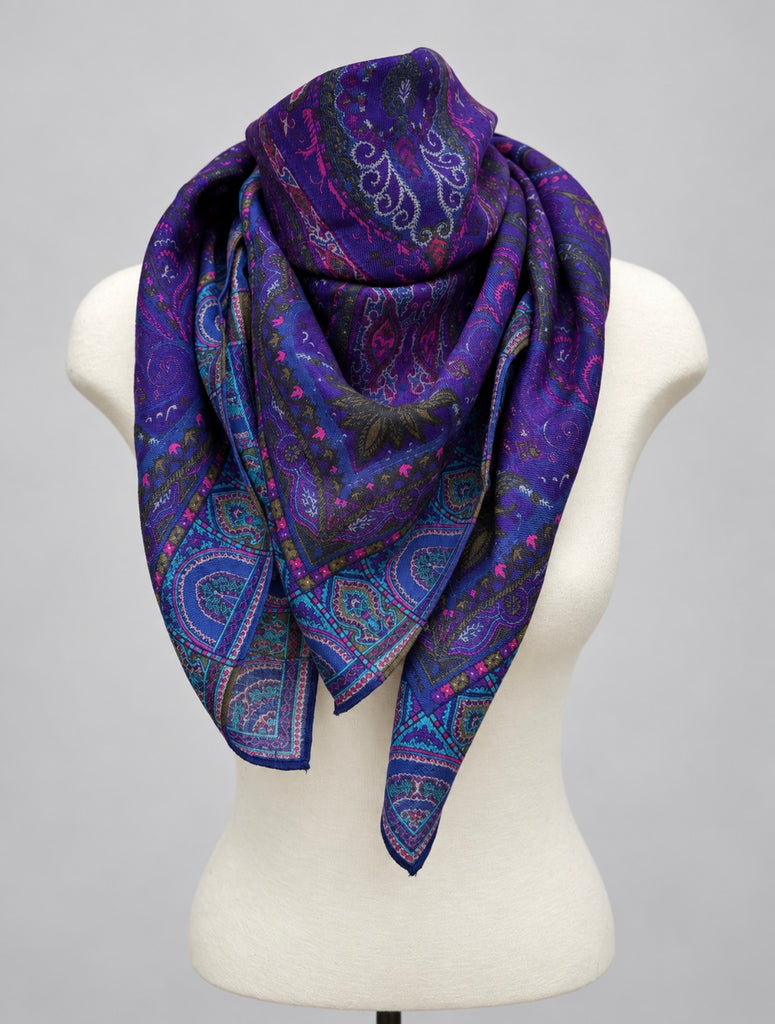 Vintage Liz Claiborne purple blue and turquoise paisley scarf styled on mannequin