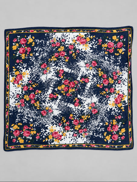 Vintage 1980s navy silk square scarf with pink roses and yellow floral print