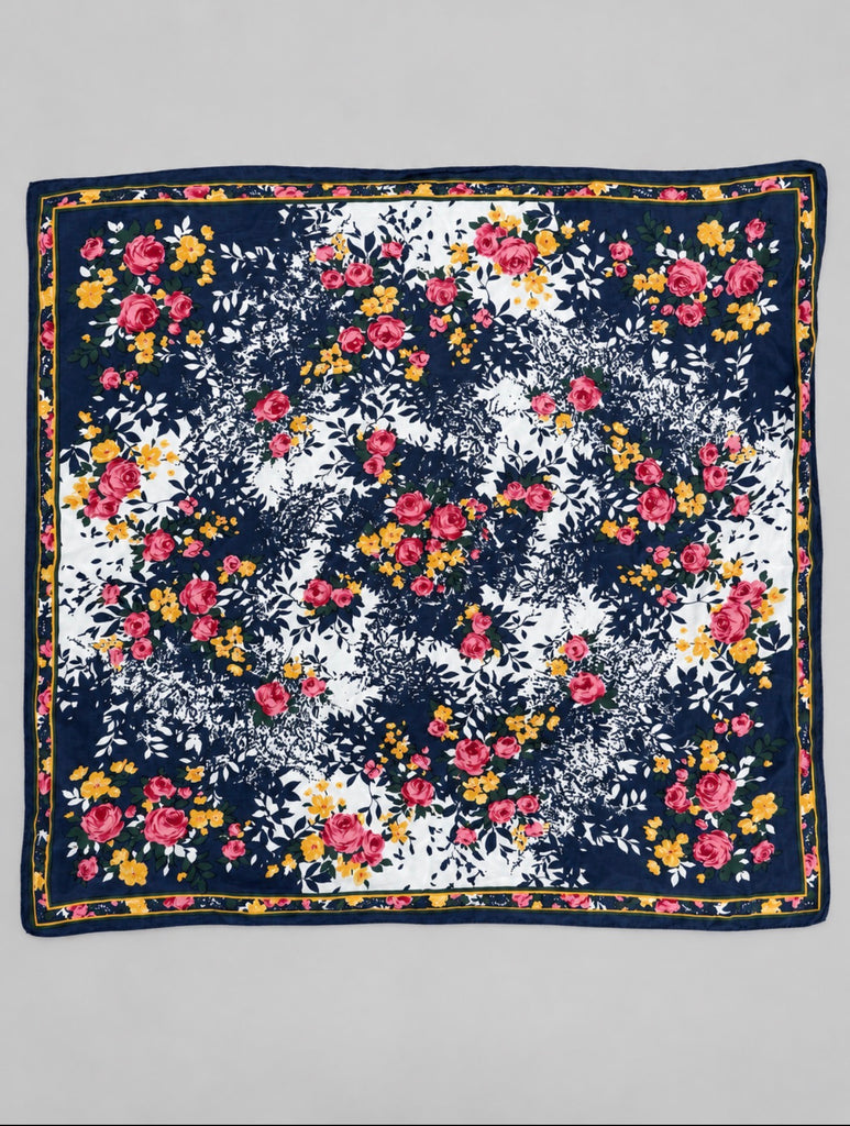 Vintage 1980s navy silk square scarf with pink roses and yellow floral print
