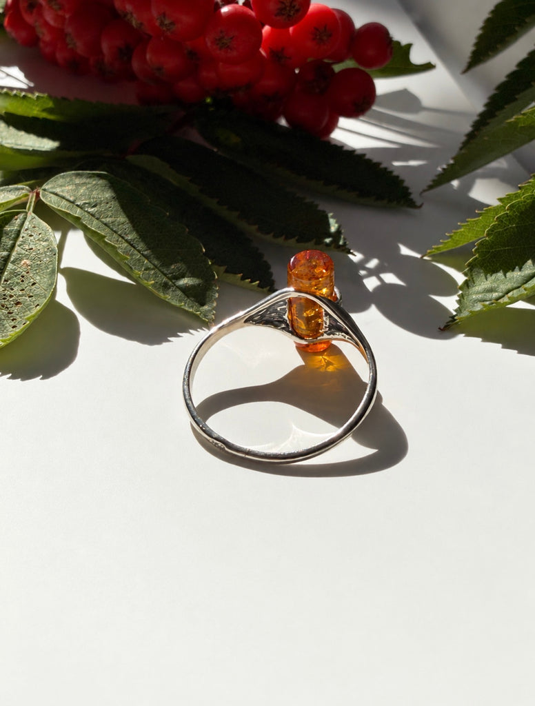 Back view of vintage Baltic amber ring with open sterling silver setting