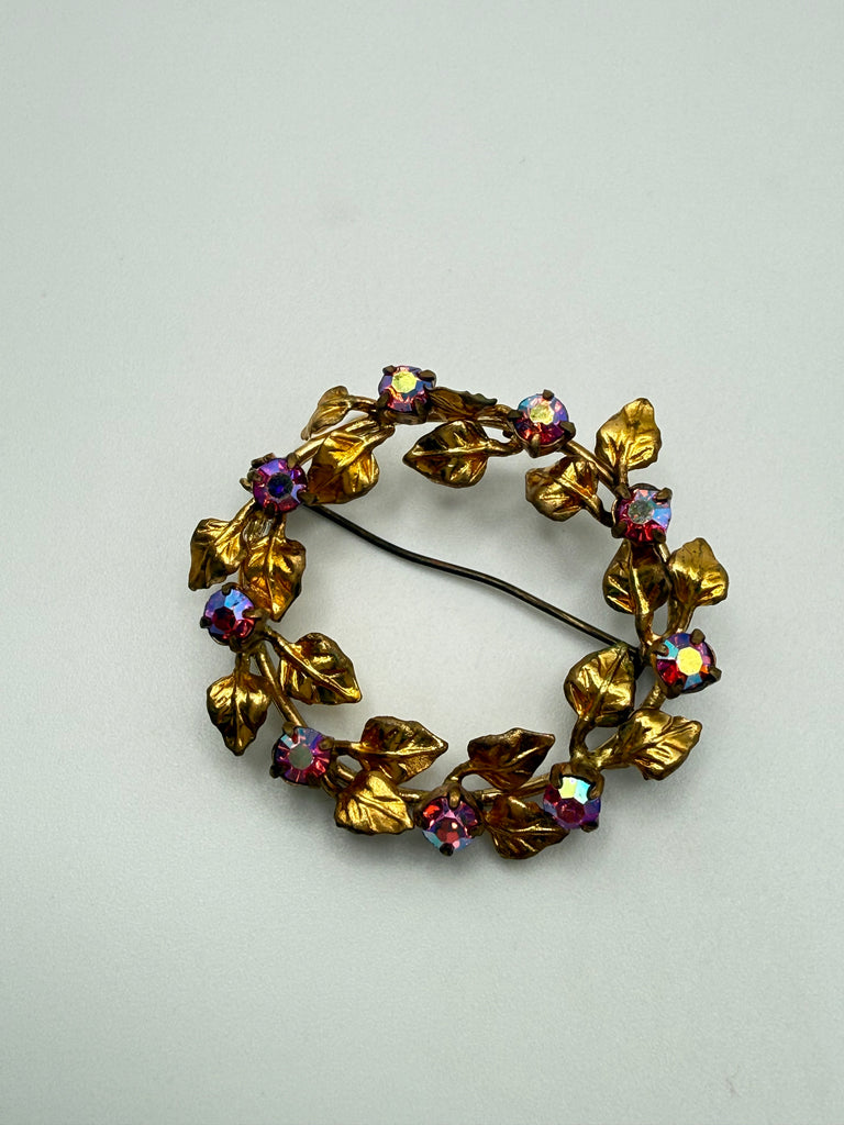Vintage Austrian Aurora Borealis crystal wreath brooch