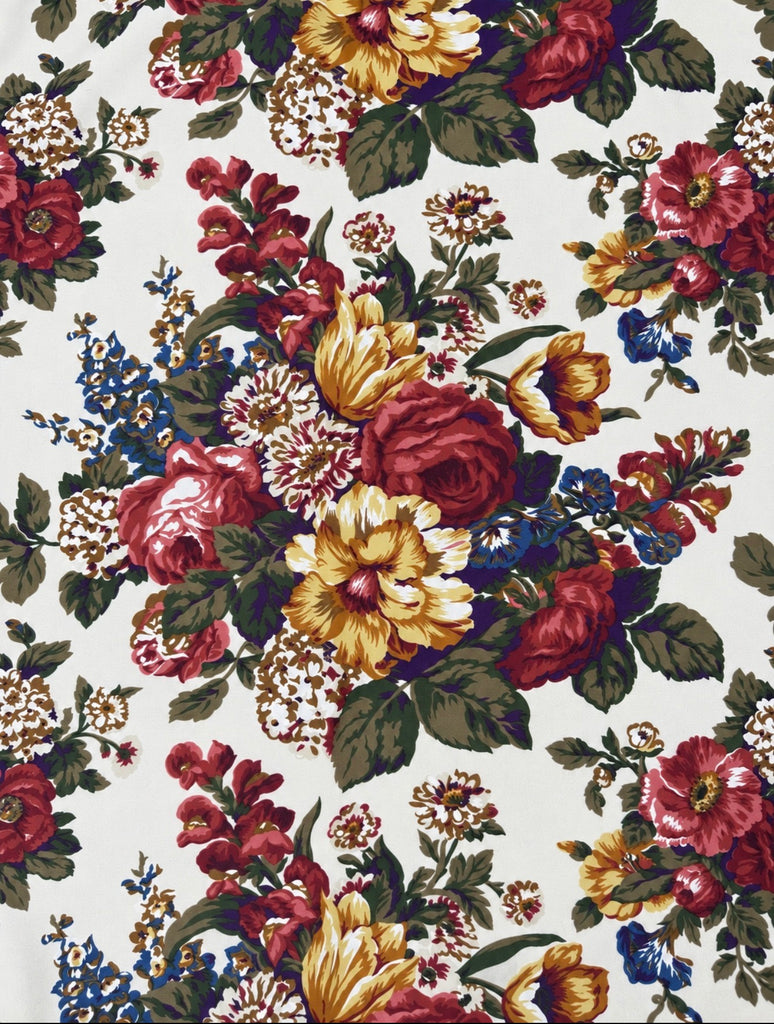 Vintage Made in Italy floral scarf folded to show red blue gold and green print