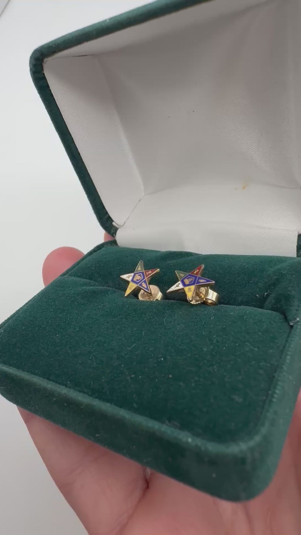 Vintage Order of the Eastern Star enamel stud earrings displayed in green jewellery box