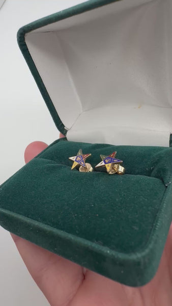 Vintage Order of the Eastern Star enamel stud earrings displayed in green jewellery box