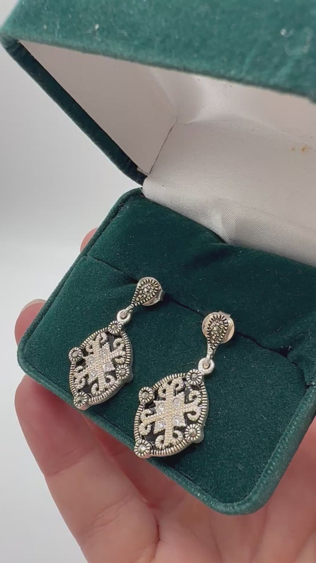Vintage 925 silver drop earrings with black and clear stones and ornate openwork design