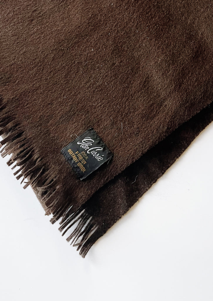 Glen Currie 100% finest Botany wool label on vintage brown scarf. 